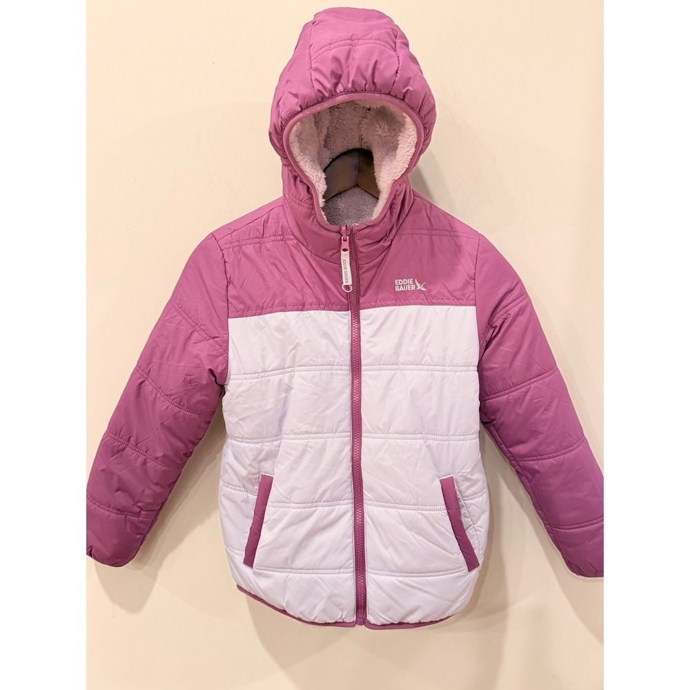 Eddie Bauer Kids Reversible Hooded Puffer Jacket Purple Lavender L 10/12